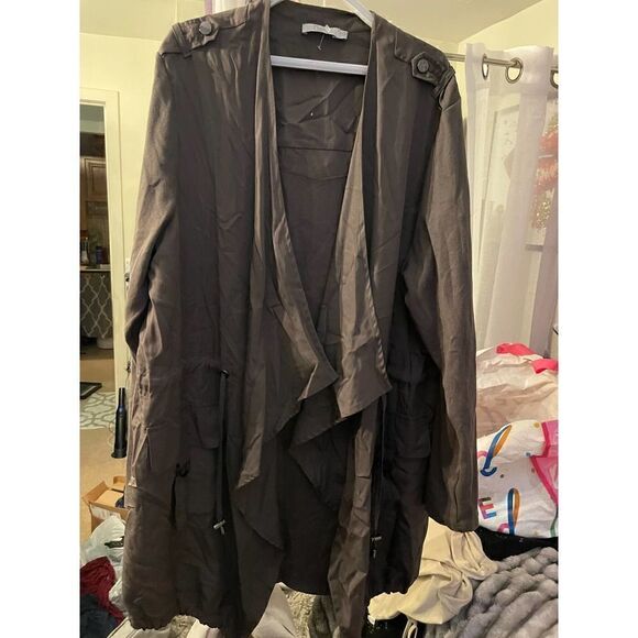 Olive green plus size drape jacket/coat/trench cardigan - Picture 6 of 9
